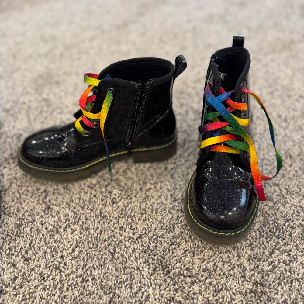 Gently used size 1 sparkle black punk zip up boots with rainbow laces